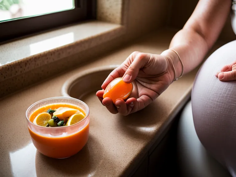 Mano sosteniendo una vitamina prenatal junto a un vaso de jugo de naranja natural, clave para mejorar la absorción del hierro durante el embarazo.