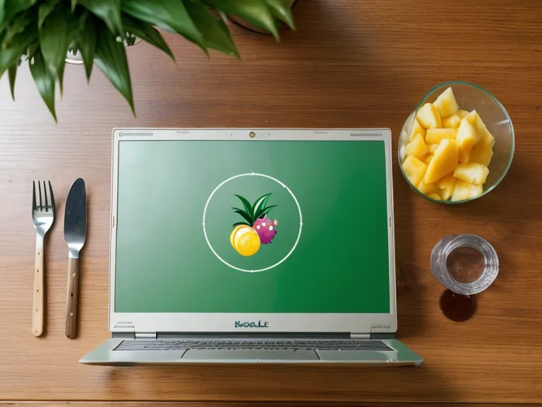Computadora portátil con información sobre nutrición materna y vitaminas prenatales, junto a frutas frescas sobre el escritorio.
