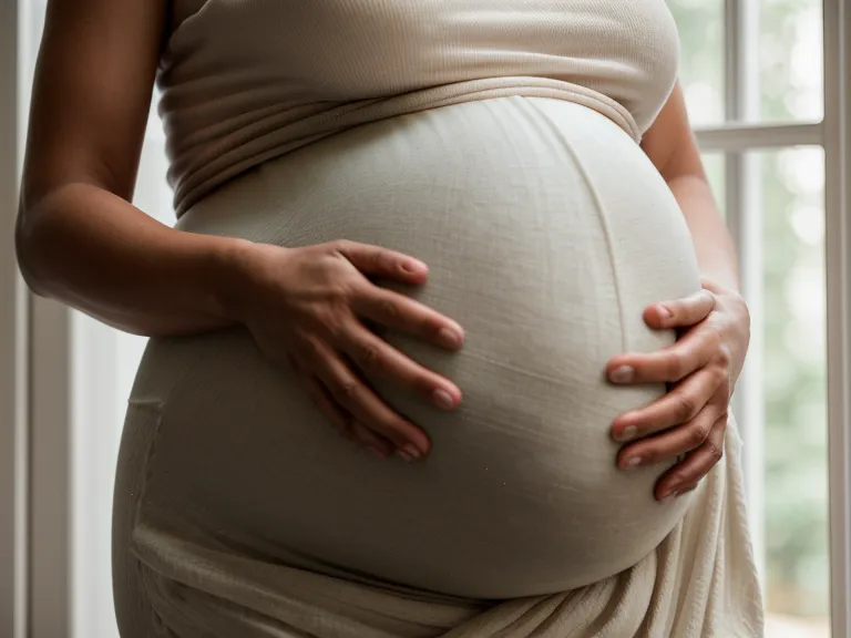 Manos sobre vientre materno en una habitación preparada para el bebé