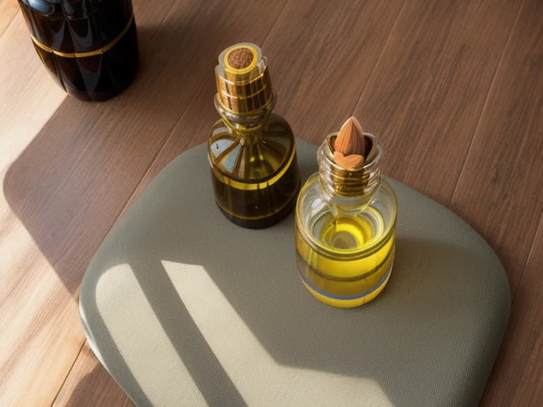 Botella de aceite de almendras y esterilla de yoga en el suelo de una sala