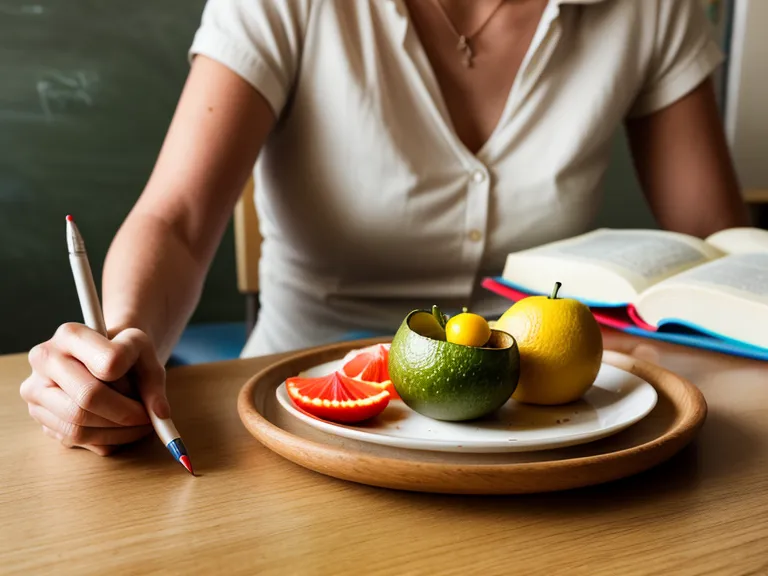 Mano de maestra revisando un plan de nutrición infantil junto a trozos de fruta.