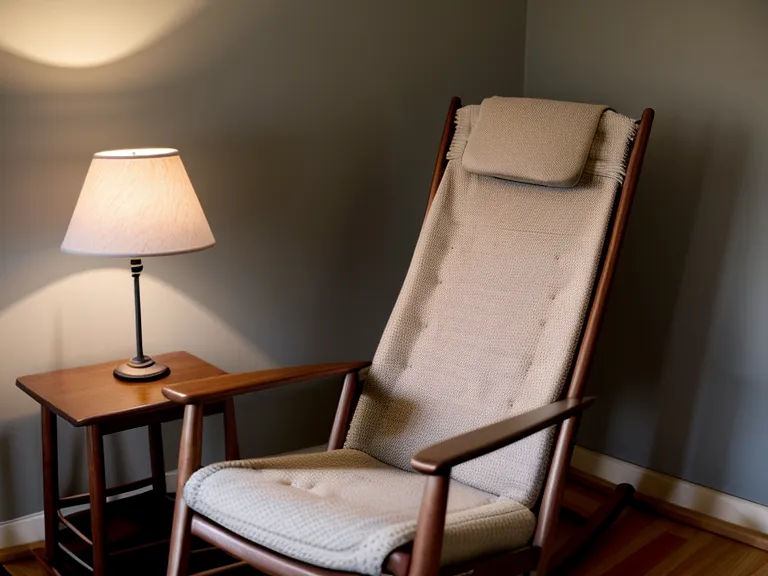 Silla mecedora con un libro de psicología materna en una habitación tranquila y acogedora.