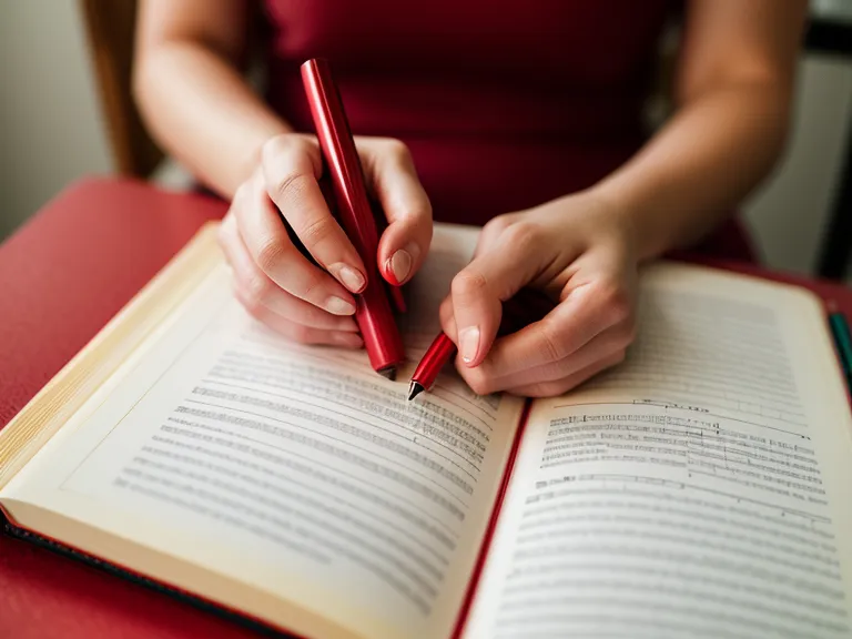 Mano de maestra subrayando un libro de preparación al parto con lapicero rojo