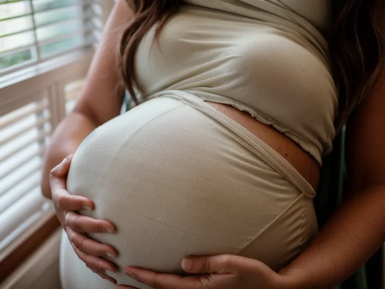 Manos de una mamá primeriza sosteniendo una tablet con un curso de preparación al parto en una habitación soleada